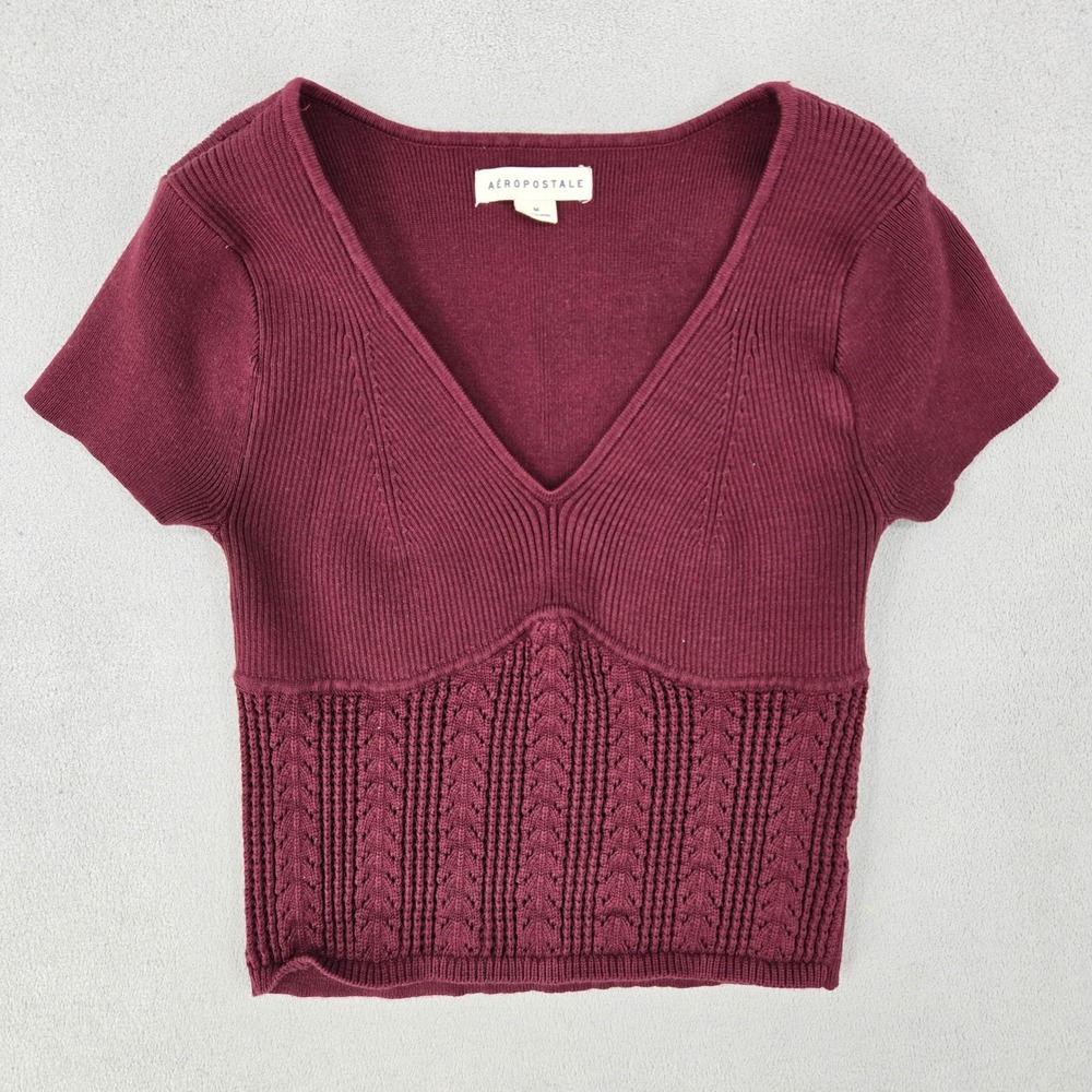 Aeropostale MEDIUM Short Sleeve Sweater Women Maroon Coquette Balletcore